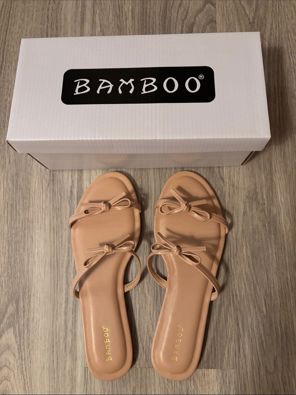 BAMBOO Tan Bow Slide Sandals